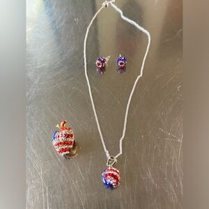AMERICAN FLAG GLOBE NECKLACE FINE SILVER EARRINGS AND BROOCH